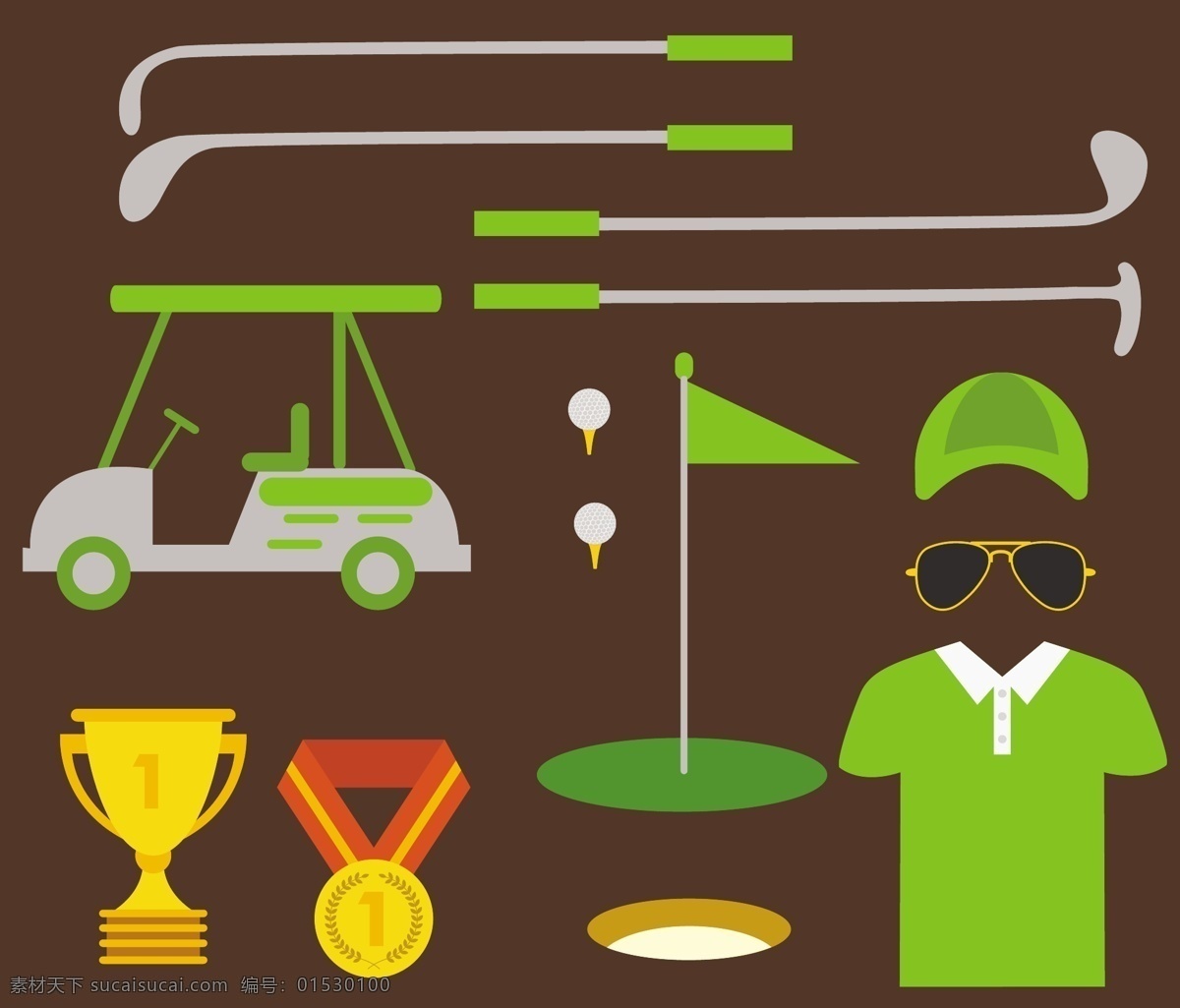 高尔夫 元素 各种 颜色 符号 装饰 比赛 矢量 背景 图标 球杆 帽子 车 奖杯 旗帜 衣服 眼镜 球赛 golf比赛 矢量背景