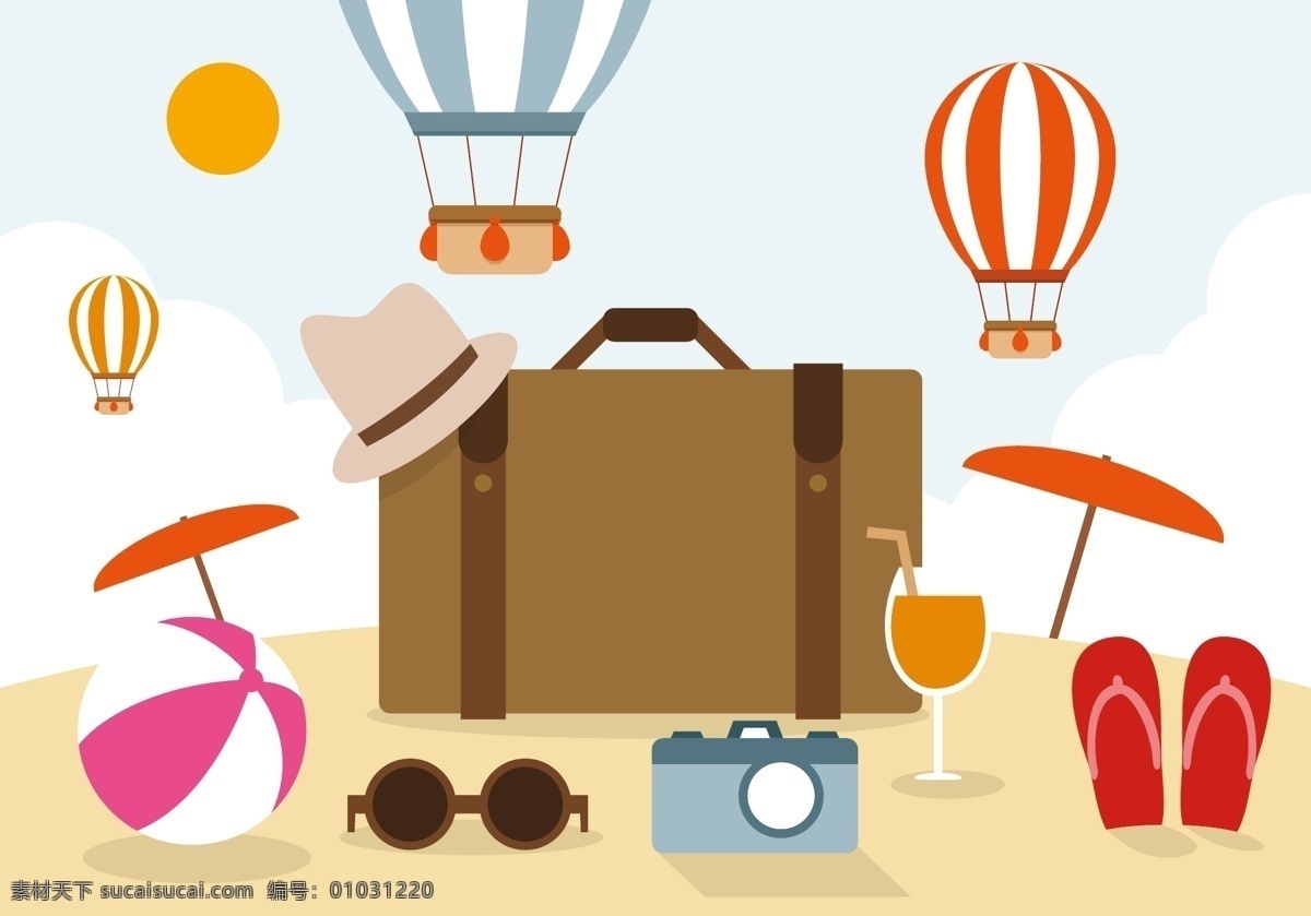 沙滩 旅游 矢量 气球 夏天 行李箱 拖鞋 饮料 伞 相机 眼镜 排球 矢量素材 度假