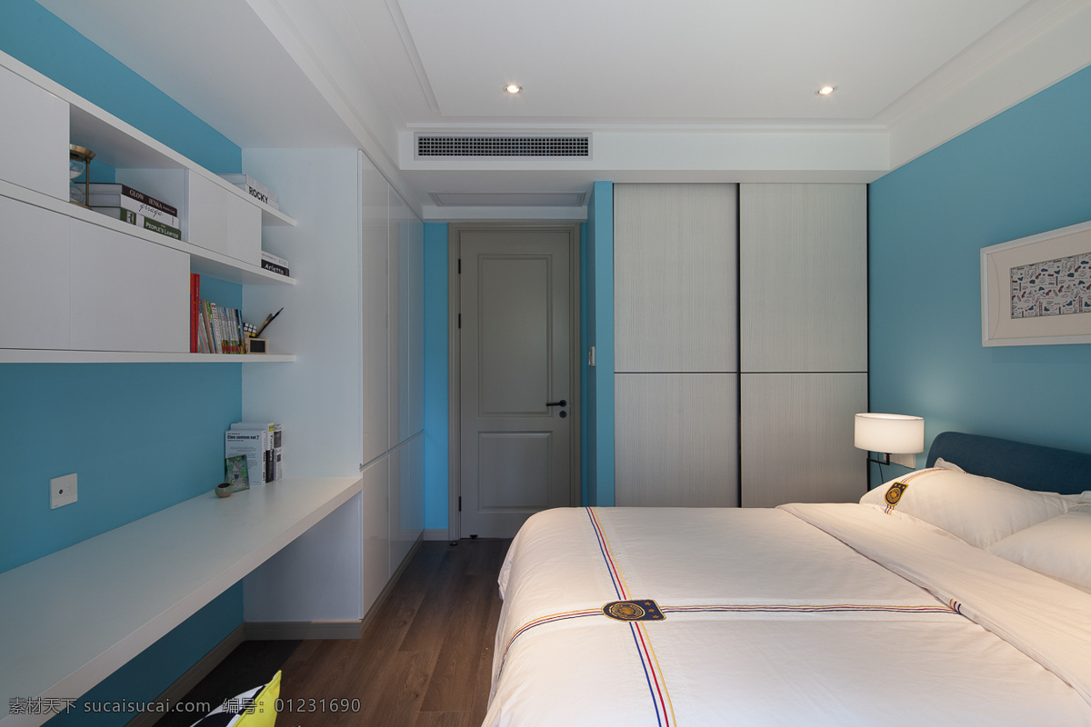 现代 清新 卧室 蓝色 背景 墙 室内装修 效果图 白色壁架 蓝色背景墙 木地板 卧室装修