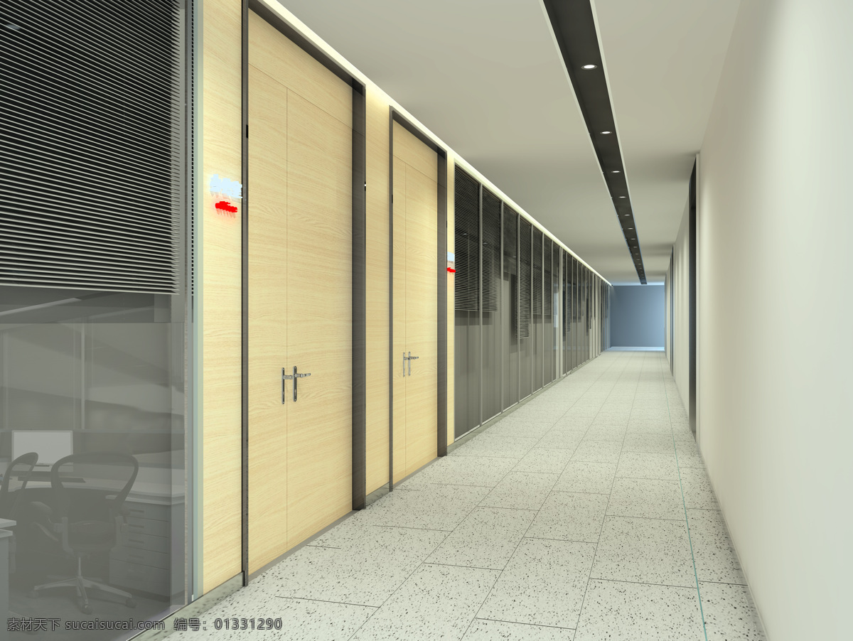 过道效果图 玻璃 白影木 现代 办公 过道 3d作品 3d设计
