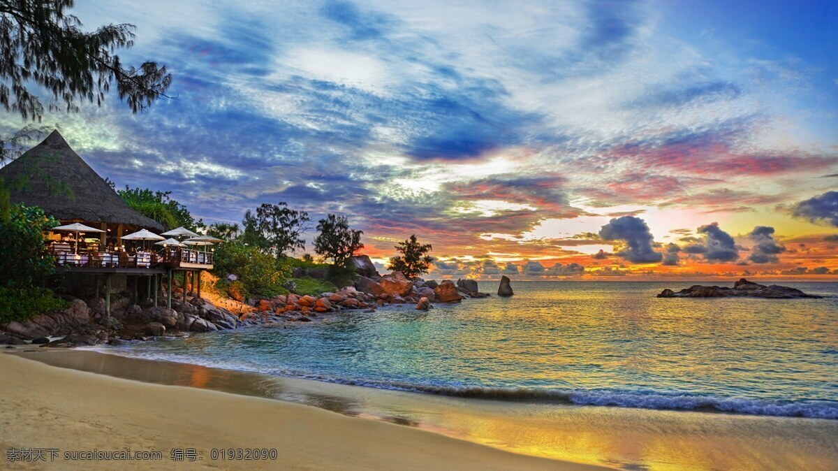 碧水蓝天 风光 风景 海滩 蓝色 沙滩 夏日 椰树 自然景观 自然风景 夏日海滩沙滩 塞舌尔群岛 psd源文件