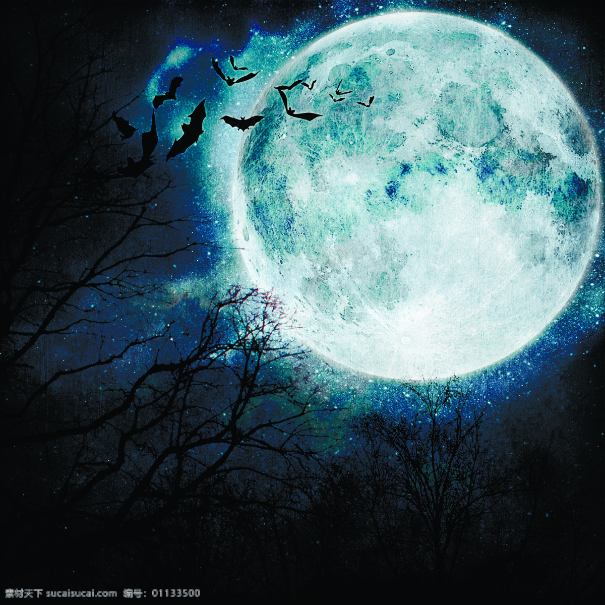 圆月 下 蝙蝠 树木 万圣节 节日素材 节日庆典 生活百科