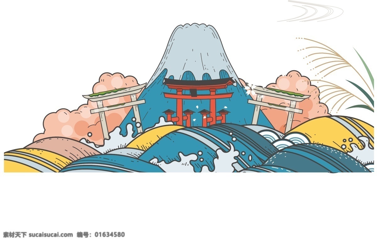 日本 风 手绘 经典 场景 日本风 色块 堆积 笔触 细腻 经典场景 教学配色 海浪 神庙 配图 招贴 海报 装饰 点缀