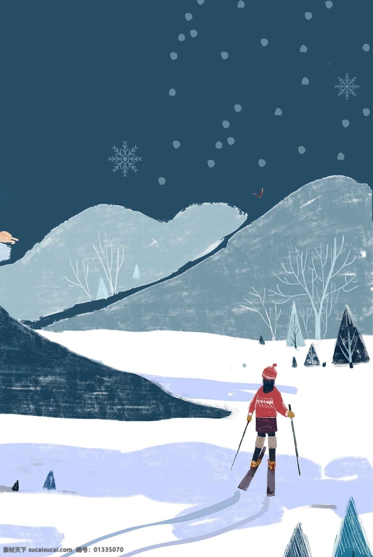 12月你好 滑雪 插画 背景 图 女孩 12月 冬季 卡通 淡雅 精简 开心