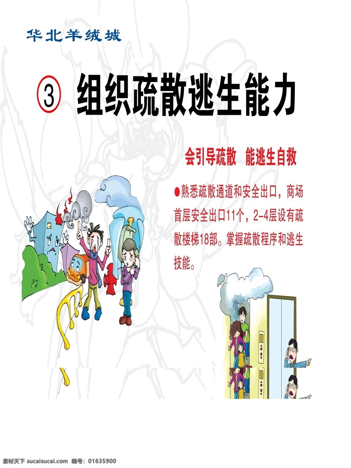 组织 疏散 逃生 能力 卡通人 会引导疏散 能逃生自救 消防 安全 四 建设 宣传 挂图 原创设计 原创展板