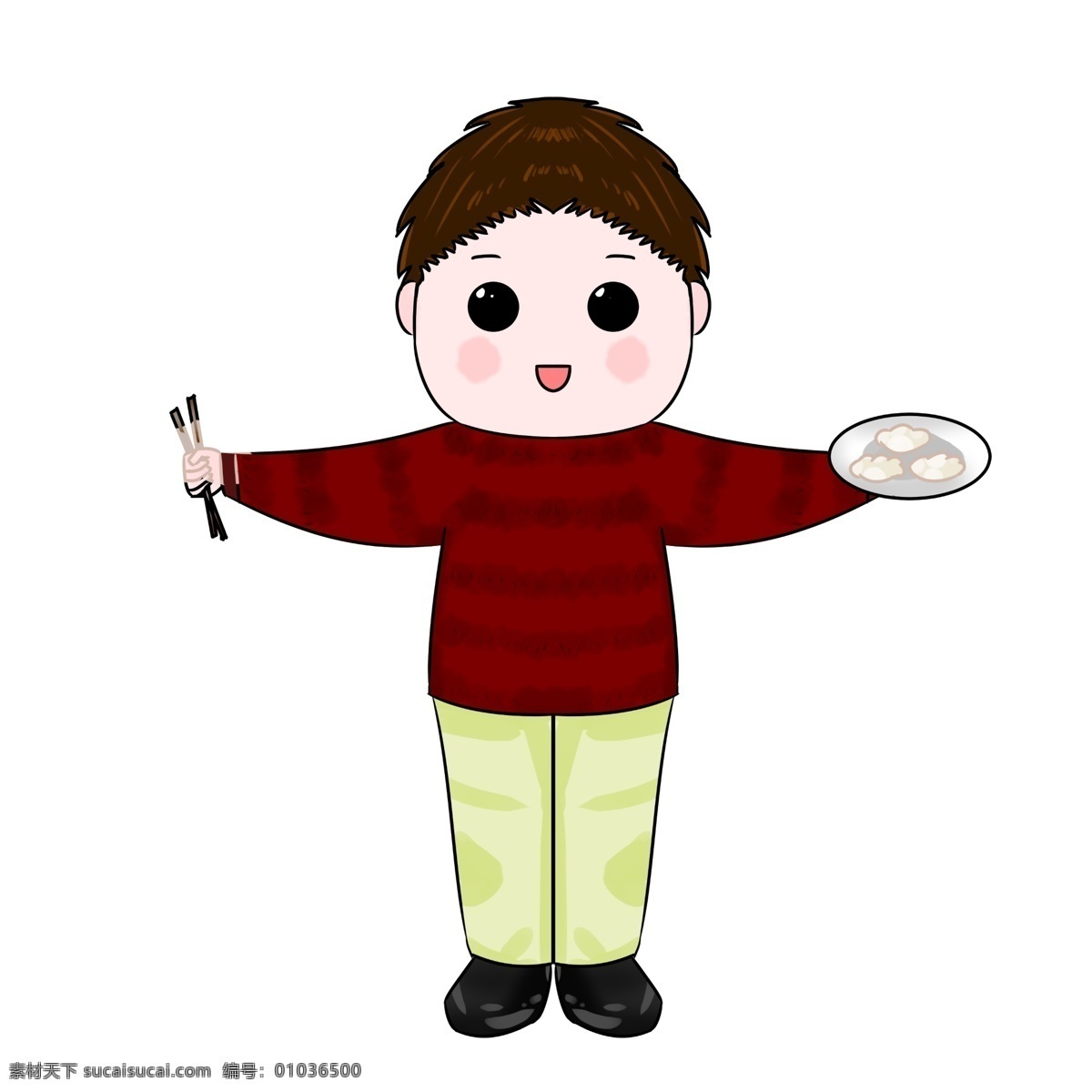 手绘 吃 饺子 站立 人 商用 小男孩 筷子 红毛衣 美食