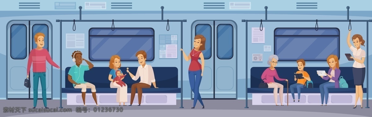 卡通地铁 地铁 交通 人群 乘客 男人 女人 孩子 出行 旅行 手绘 卡通城市 城市交通 设计素材 列车 现代科技 交通工具