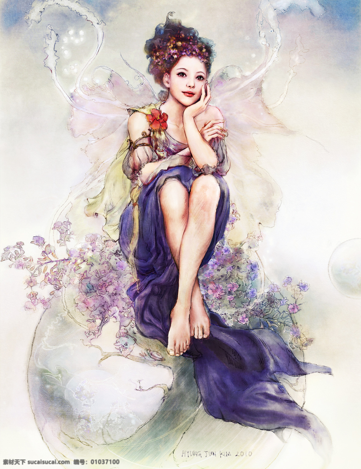 蝴蝶仙子 蝴蝶 女孩 梦幻 美女 美丽 翅膀 托腮 仙女 仙子 精灵 紫色 长裙 花朵 cg 游戏 动漫人物 动漫动画