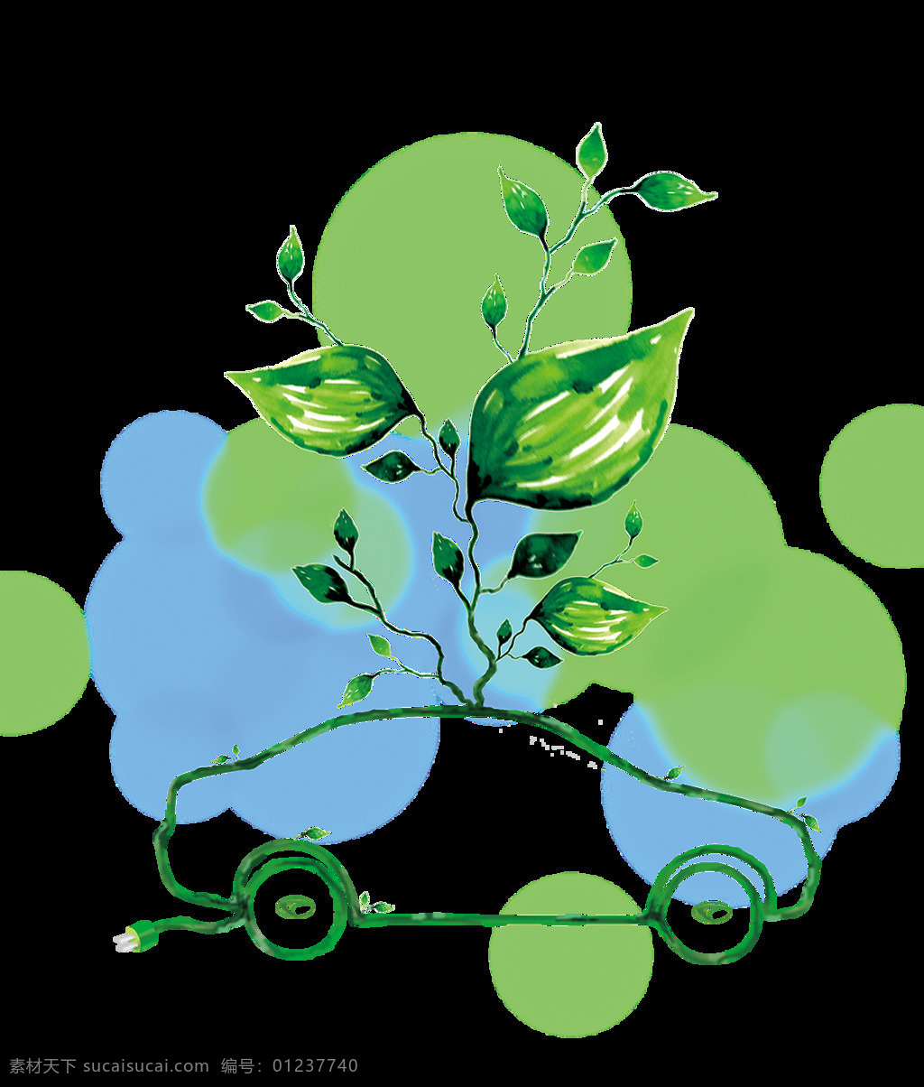 环保汽车 绿色汽车 汽车外廓 汽车树苗 树叶 绿色环保 元素