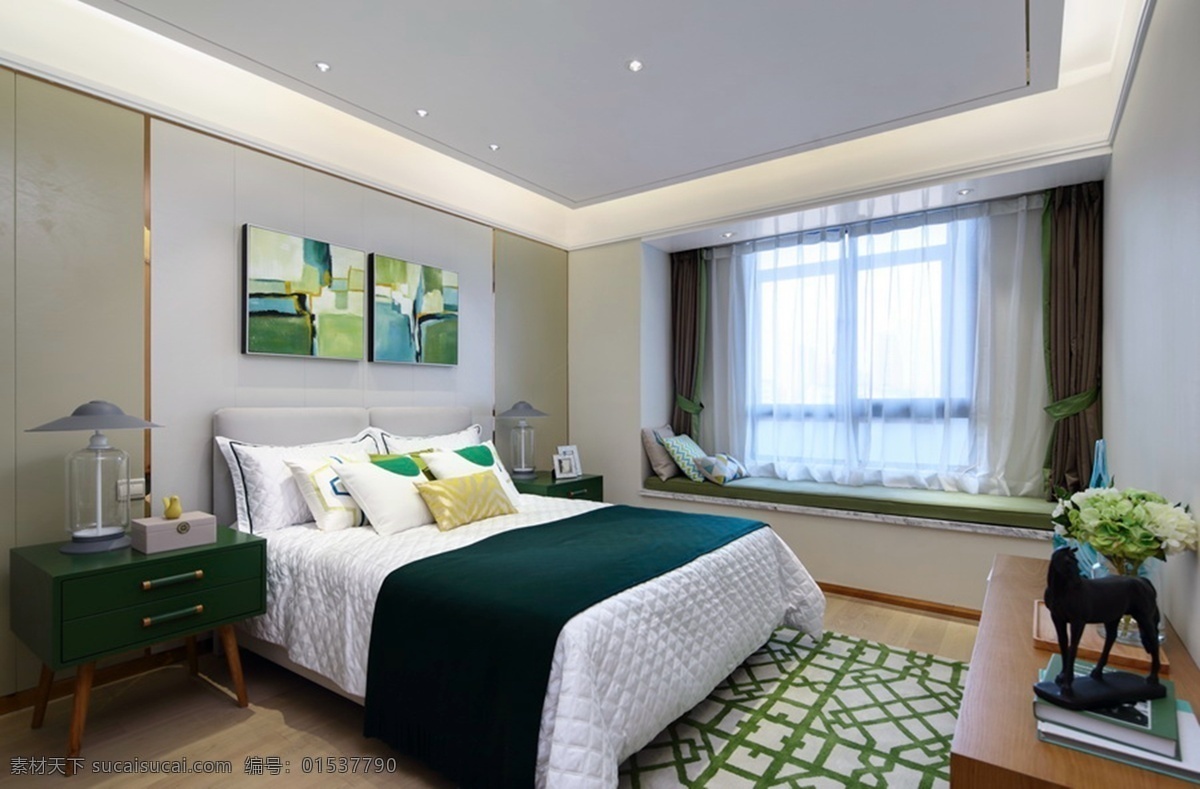 现代 时尚 卧室 绿色 花纹 地毯 室内装修 效果图 卧室装修 绿色地毯 木地板 深绿色床头柜