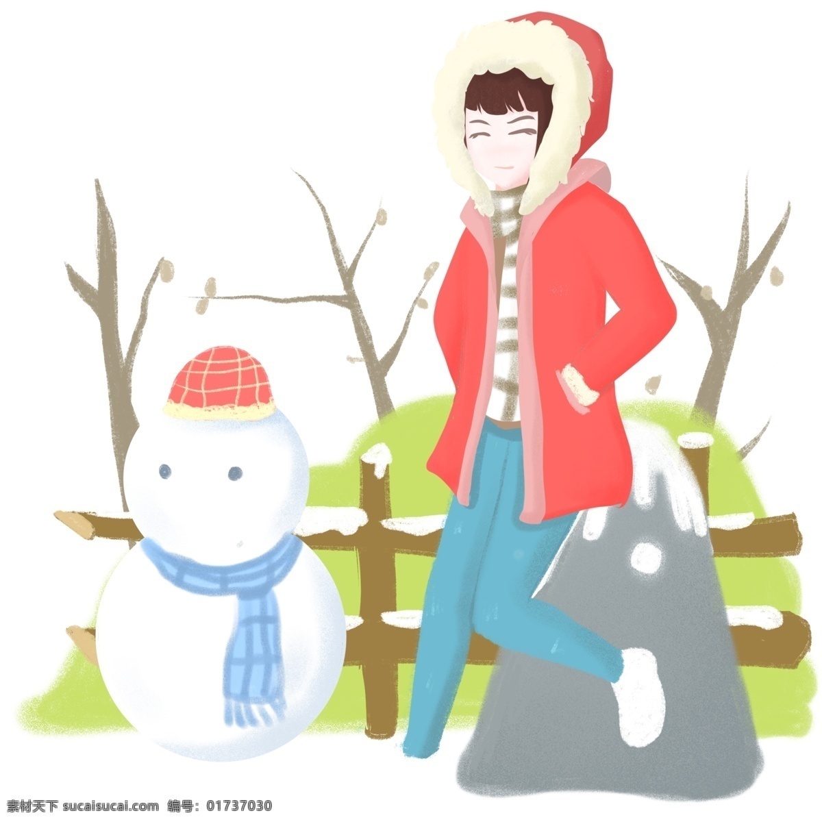 大寒 人物 白色 雪人 白色的雪人 红色的帽子 漂亮的小女孩 落雪的石头 手绘 插画 蓝色的围巾
