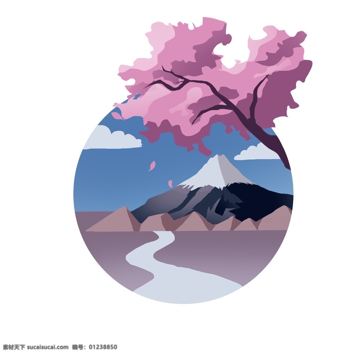 日本 富士山 插画 粉色的樱花 卡通插画 日本插画 日本物品 日本小物 日本风情 高大的雪山