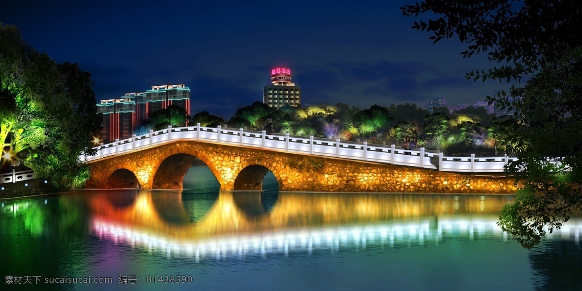 灯光 北湖 公园 小桥 桥梁景观灯光 公园小桥亮化 流光溢彩 夜色如画 城市绿色照明 景观 照明 效果 分层 源文件
