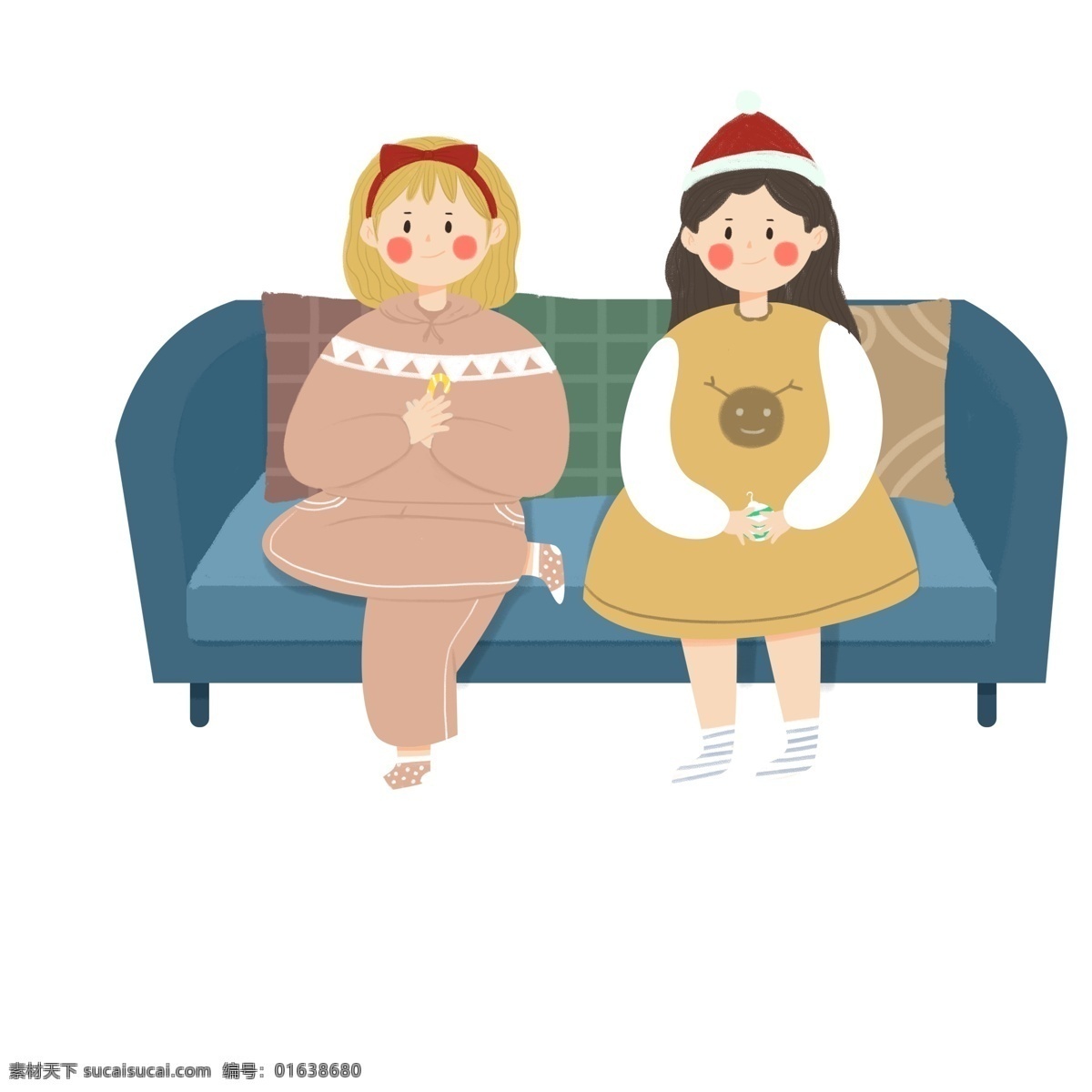 卡通 坐在 沙发 上 圣诞节 女孩 小清新 人物 插画 闺蜜 姐妹俩