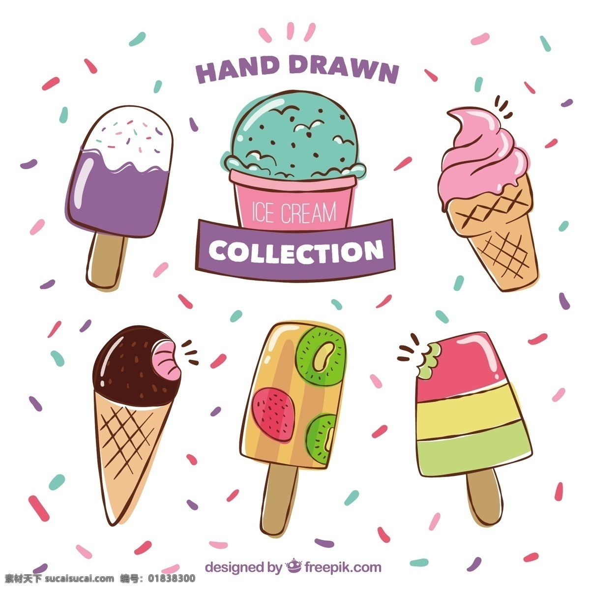 手绘 漂亮 彩色 冰淇淋 食品 夏天 一方面 冰 甜 颜色 绘画 甜点 奶油 吃 拉 季节 不错 素描 美味的 粗略的 白色