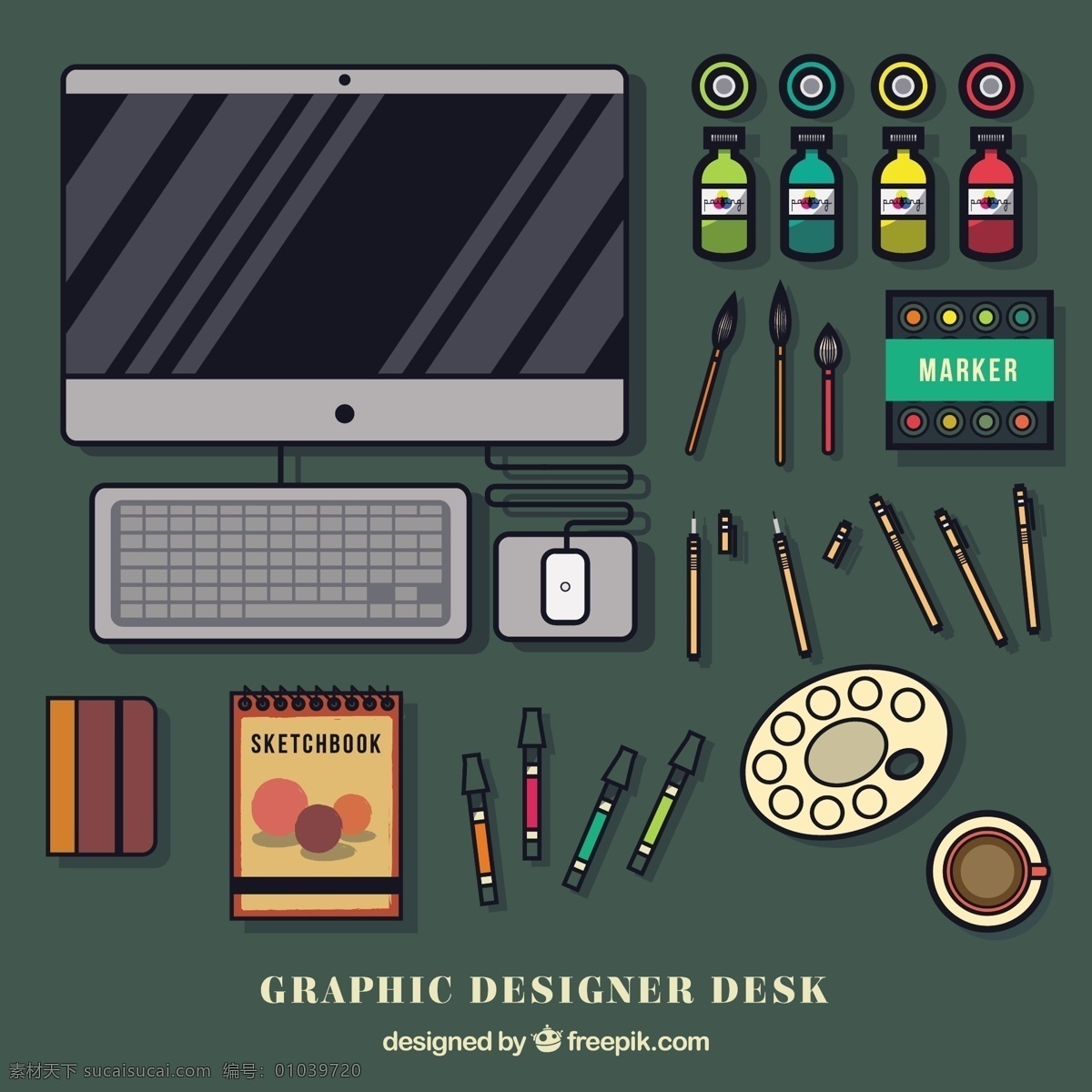 各种 平面设计 工具 电脑 平面 书桌 设计师 桌面 平面设计师 工作空间 工作场所 品种 灰色