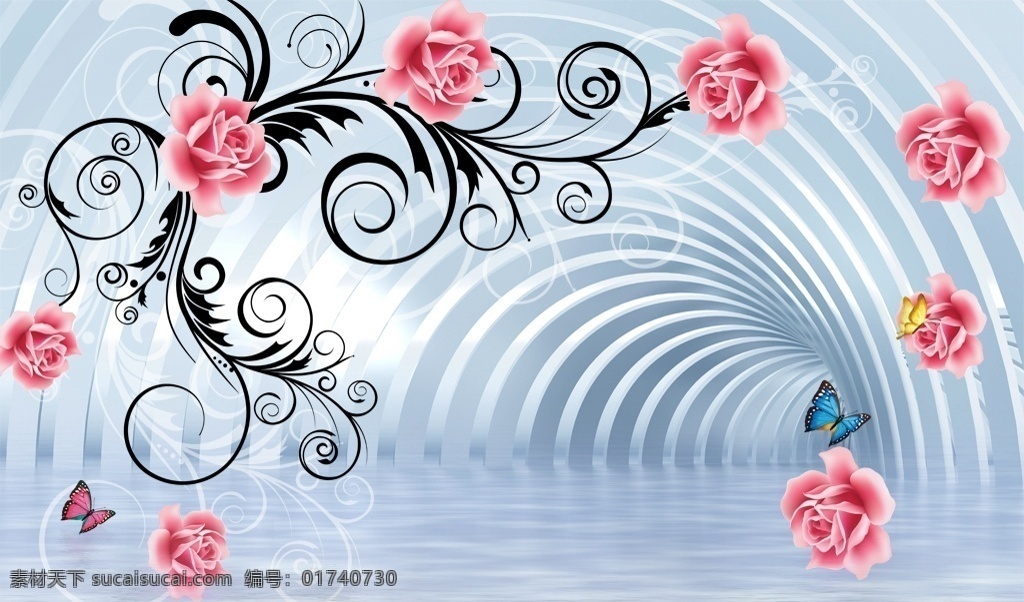 3d 水上 玫瑰 装饰画 立体 走廊 水面 波纹 倒影 粉红色 花卉 蝴蝶 花藤 简约 分层 电视背景墙 背景墙系列