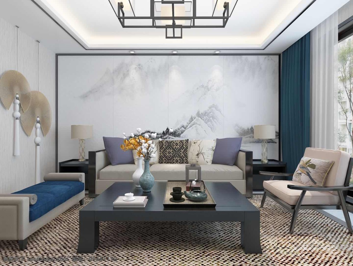 新中式客厅 新中式 客厅 冷色调 山水画背景 重色家具 3d设计 3d作品
