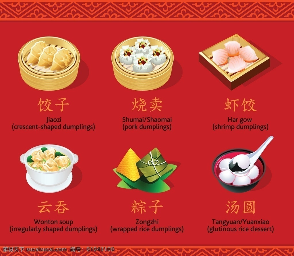 中国小吃 美食 饺子 烧卖 云吞 棕子 汤圆 锅贴 虾饺 菜单 菜谱 矢量 生活百科 餐饮美食