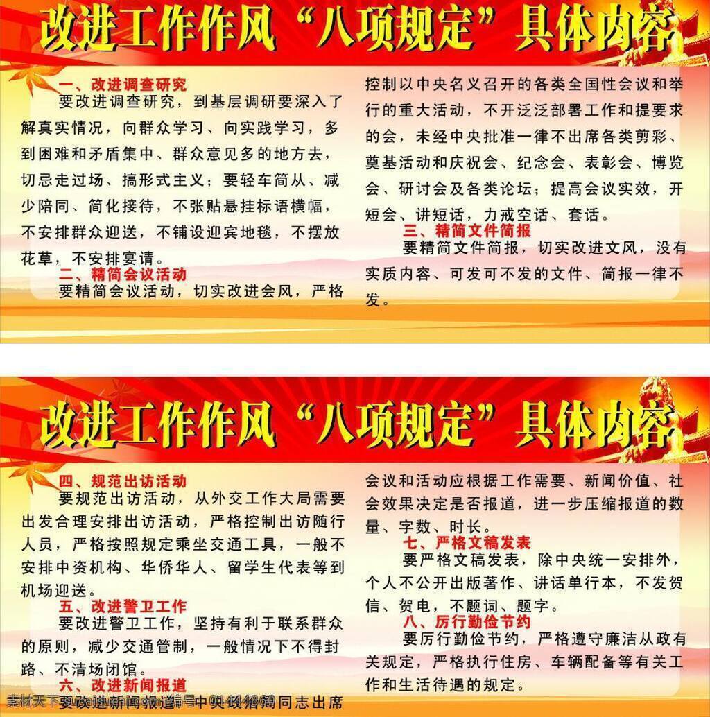 改进 工作 作风 八项规定 十八大 宣传栏 展板 改进工作作风 海报 改进调查研究 精简会议活动 矢量 其他海报设计