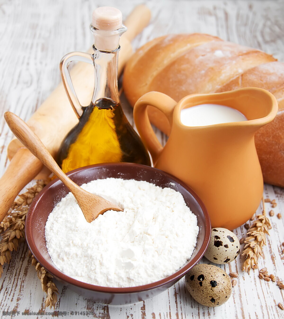 鹌鹑 蛋 面粉 牛奶 鹌鹑蛋 面包 擀面杖 食用油 食物原料 食材 食材原料 餐饮美食 中华美食 白色