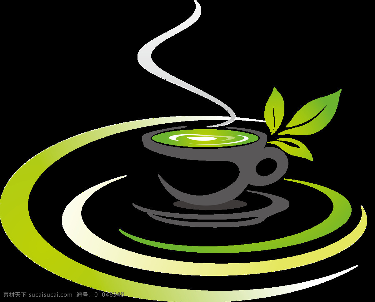 手绘 线条 绿茶 元素 绿色渐变 绿叶 茶叶 茶杯 免抠