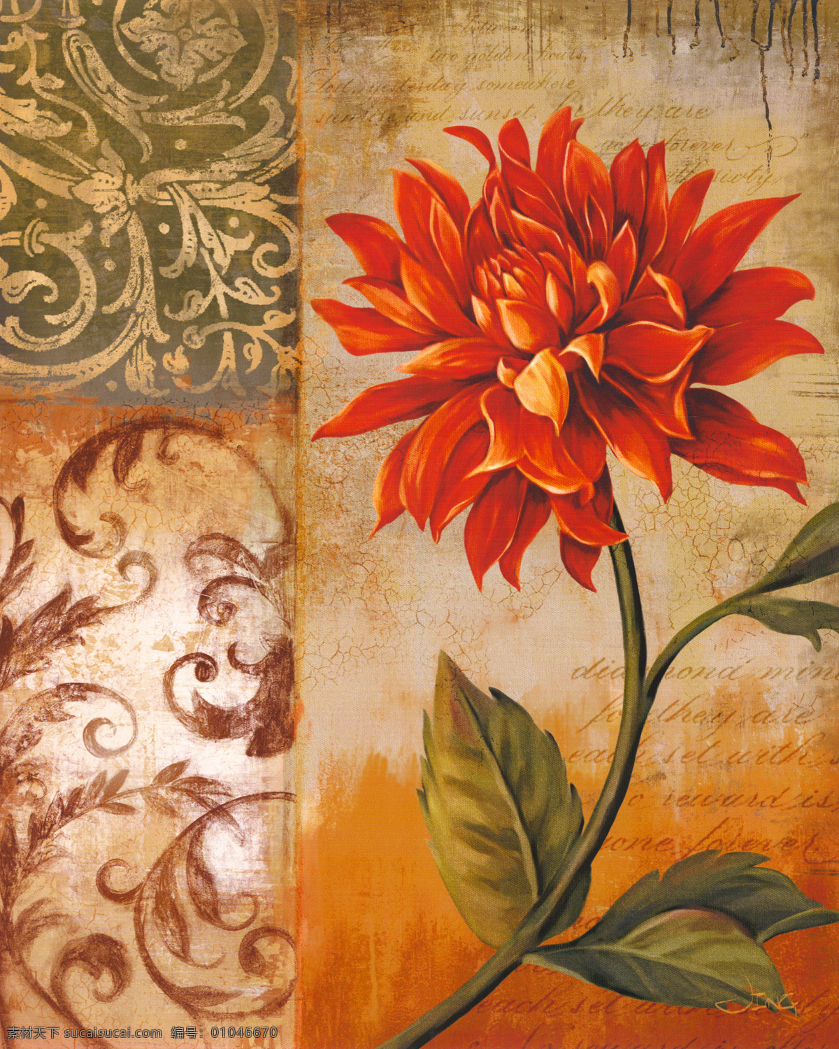 美丽 红 菊花 油画 国画 手绘 鲜花 植物 插画 水墨画 其他艺术 文化艺术 红色