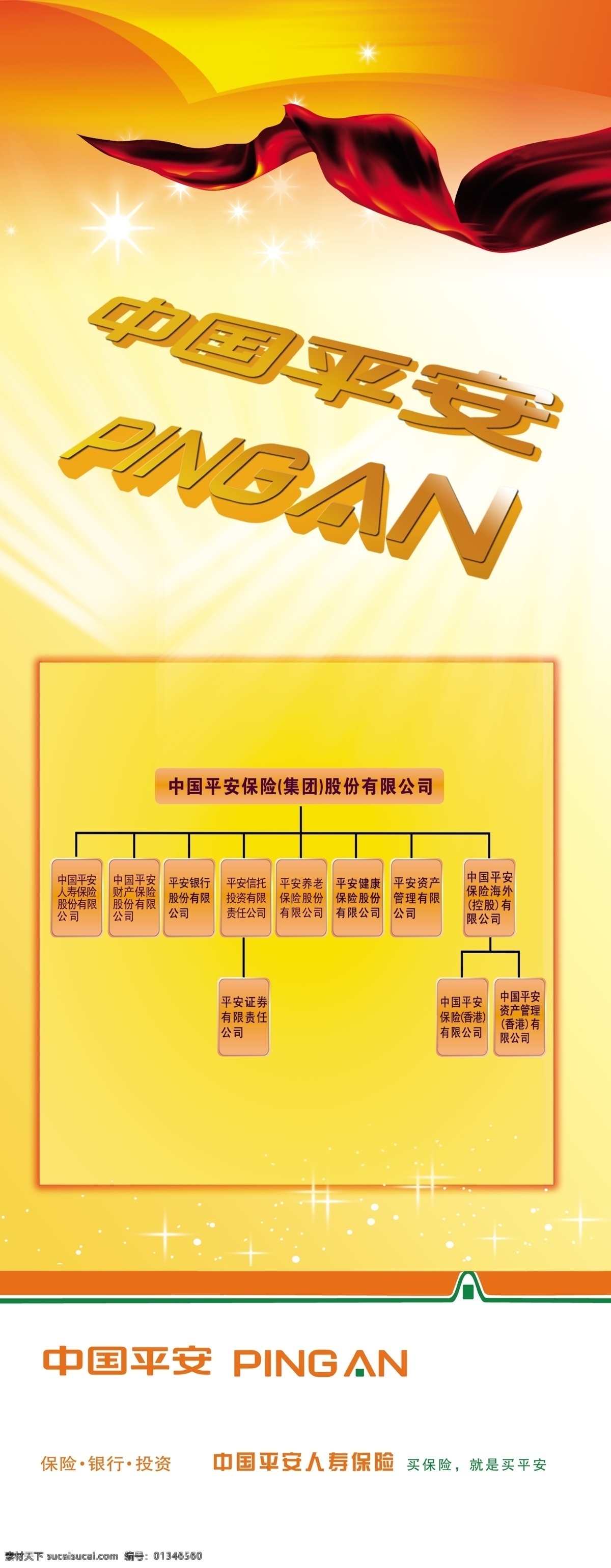 平安 易拉宝 广告设计模板 红色飘带 平安标志 平安易拉宝 源文件 中国平安 艺术 字 橙色渐变背景 海报背景图