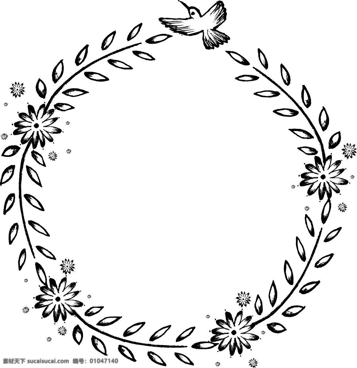 黑白 小鸟 卡通 手绘 边框 橄榄 枝叶 花朵 线条背景 几何图案 边框素材
