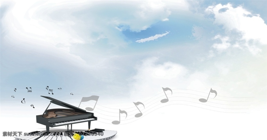 音乐展板 背景 蓝天白云 钢琴 琴键 五线谱 音符 音乐 卡通蝴蝶 气球 展板 展板模板