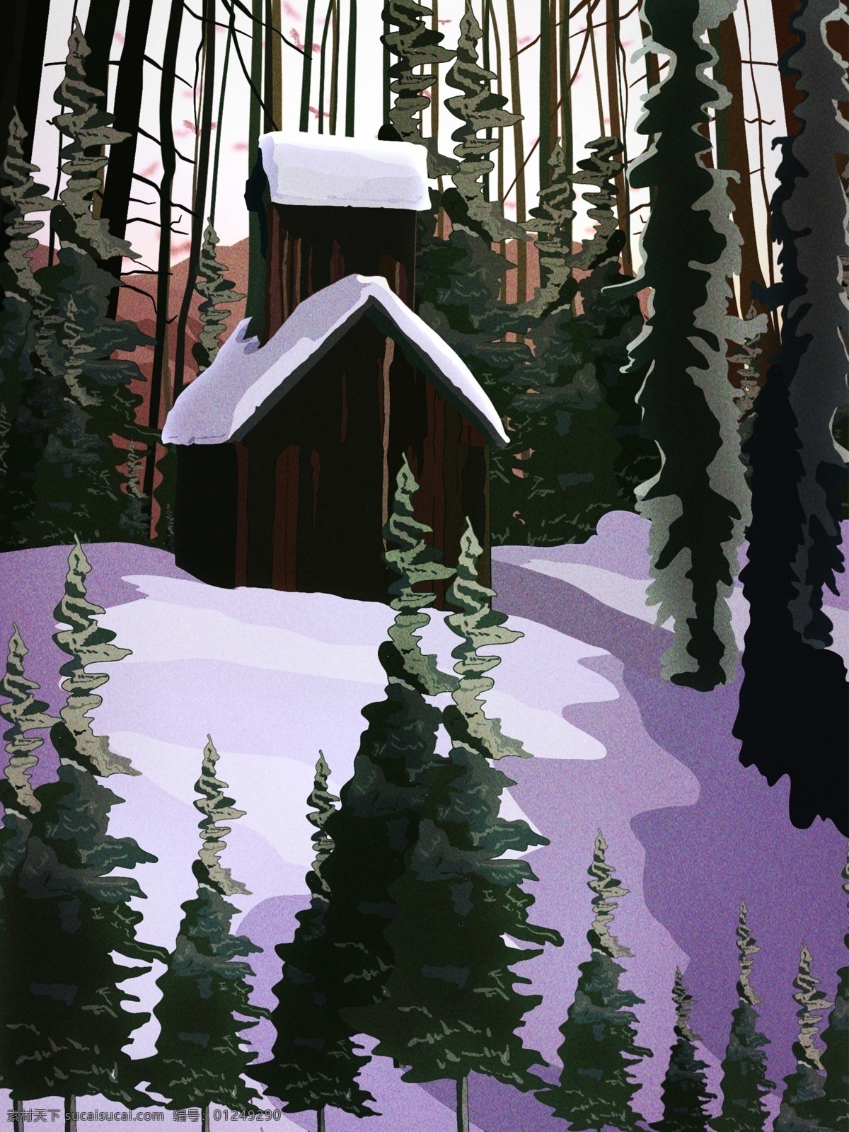 手绘 写实 风景 图 冬季 林中 小屋 唯美 风光 插画 森林 建筑 外景 冬 冬天 雪 雪地 积雪 松树 松 树林 树 木屋 屋 复古 老 老建筑 室外桃源 园林 壁纸 书籍插画 公众号用途 草丛