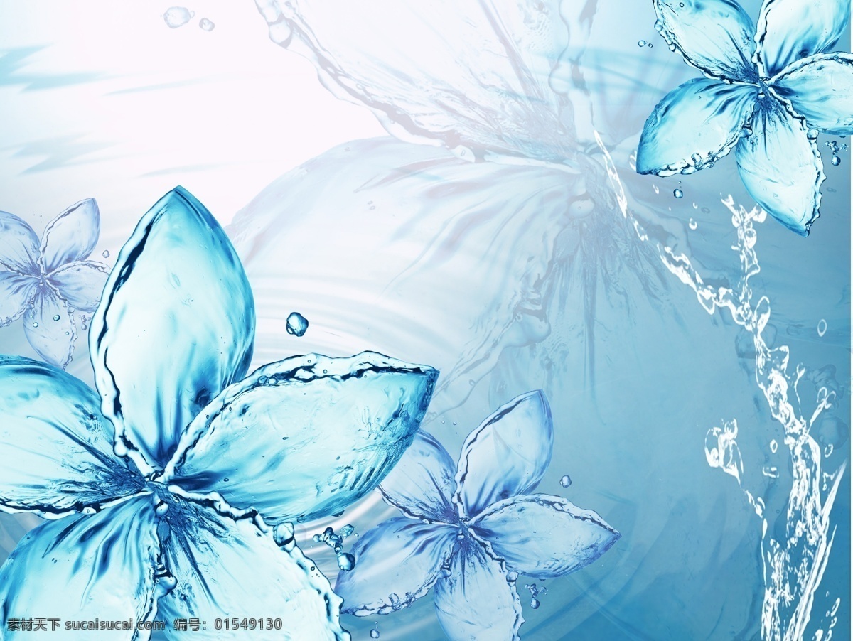 透明水晶花 水晶花 水 透明 蓝色 梦幻 艺术 背景 原创 分层 背景素材