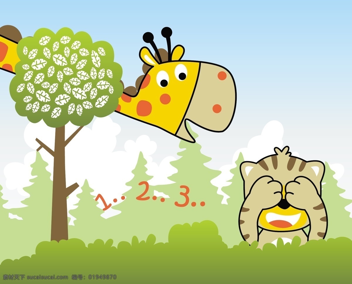 可爱 呆 萌 森林 动物 儿童 插画 大树 长颈鹿 草地 天空 儿童插画 猫咪 红色数字 可爱动物