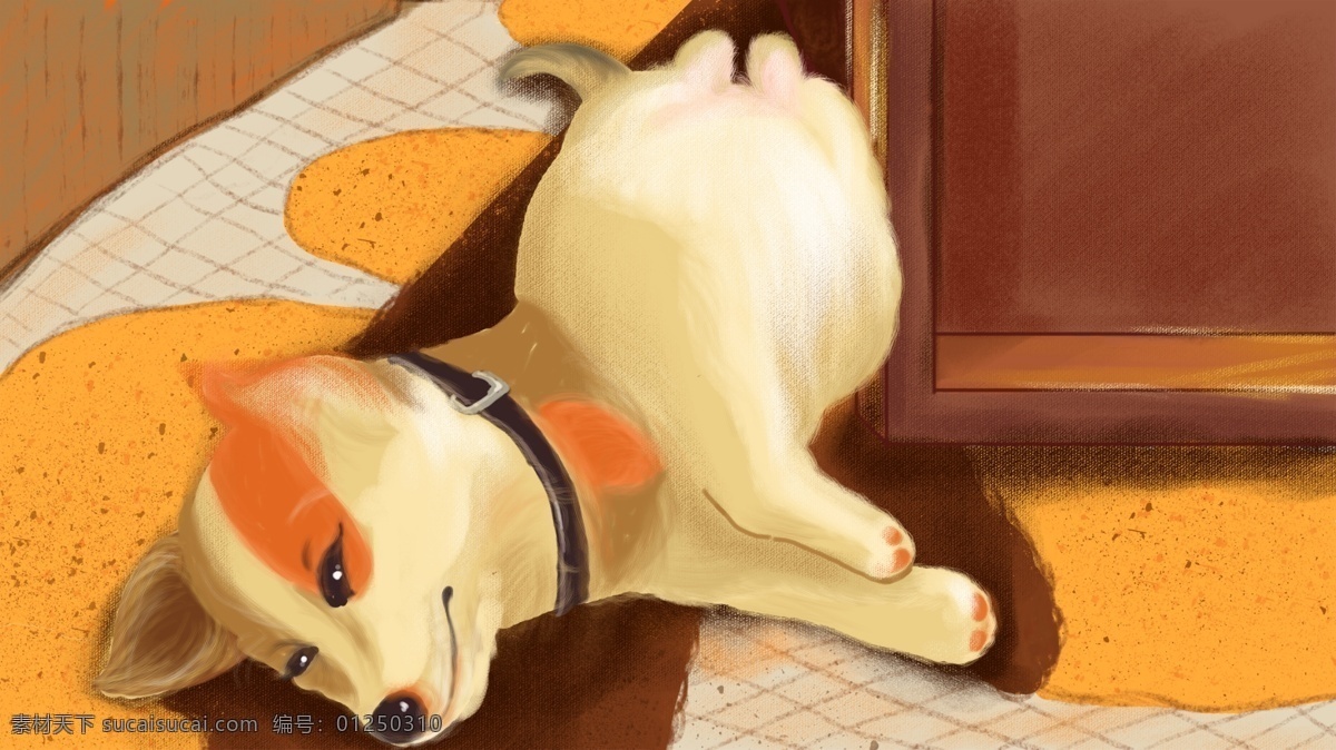 宠物狗 可爱 卡通 插画 绘画 宠物 室内 动物 狗 居家 生活方式 温暖系 手绘