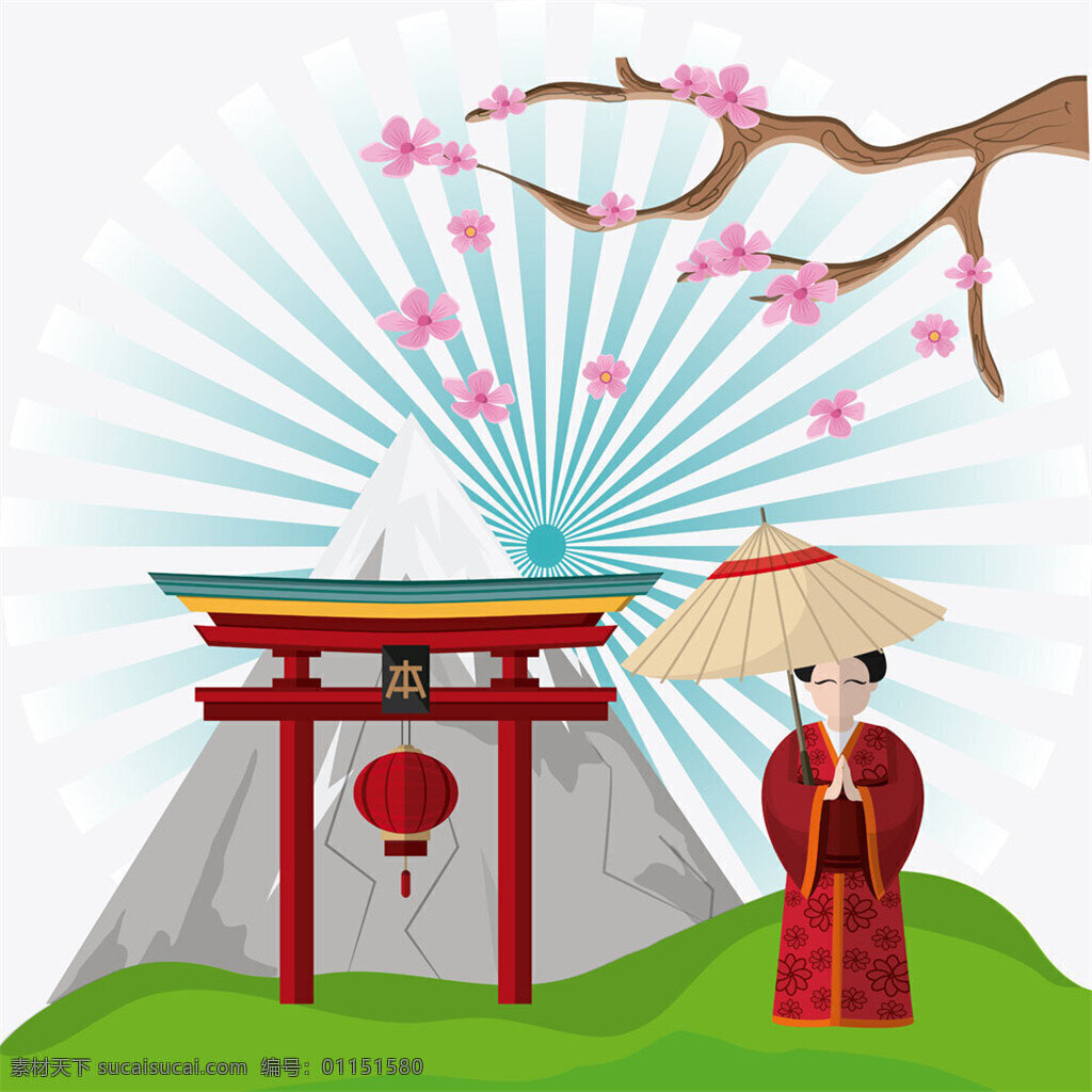 富士 山下 日本 女人 富士山 日本女人 雨伞 樱花 树枝 日本木门 矢量