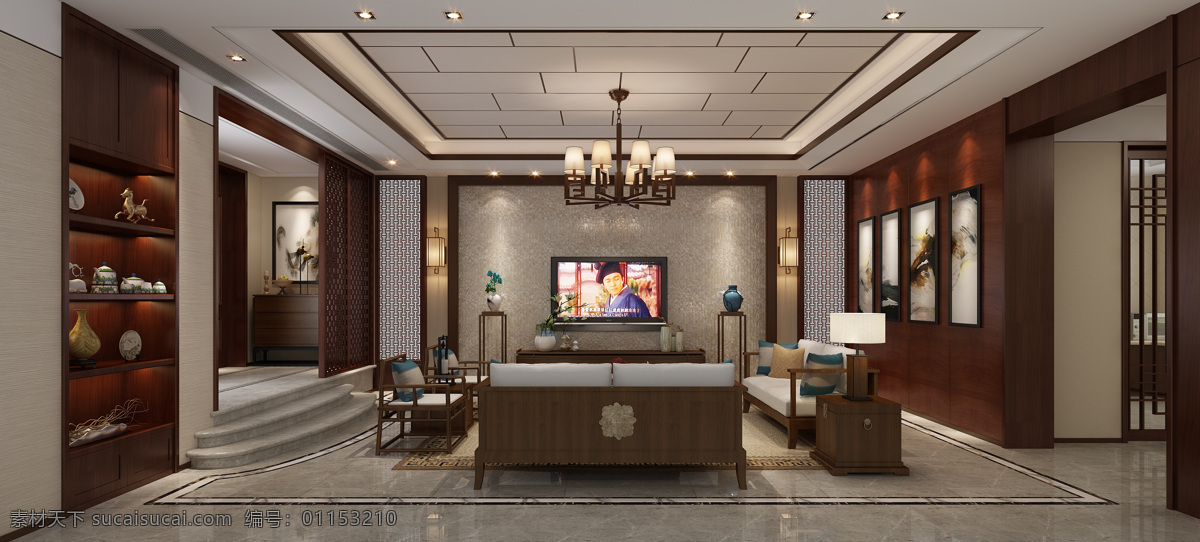 新中式客厅 客厅 新中式 原创 中式 效果图 环境设计 室内设计