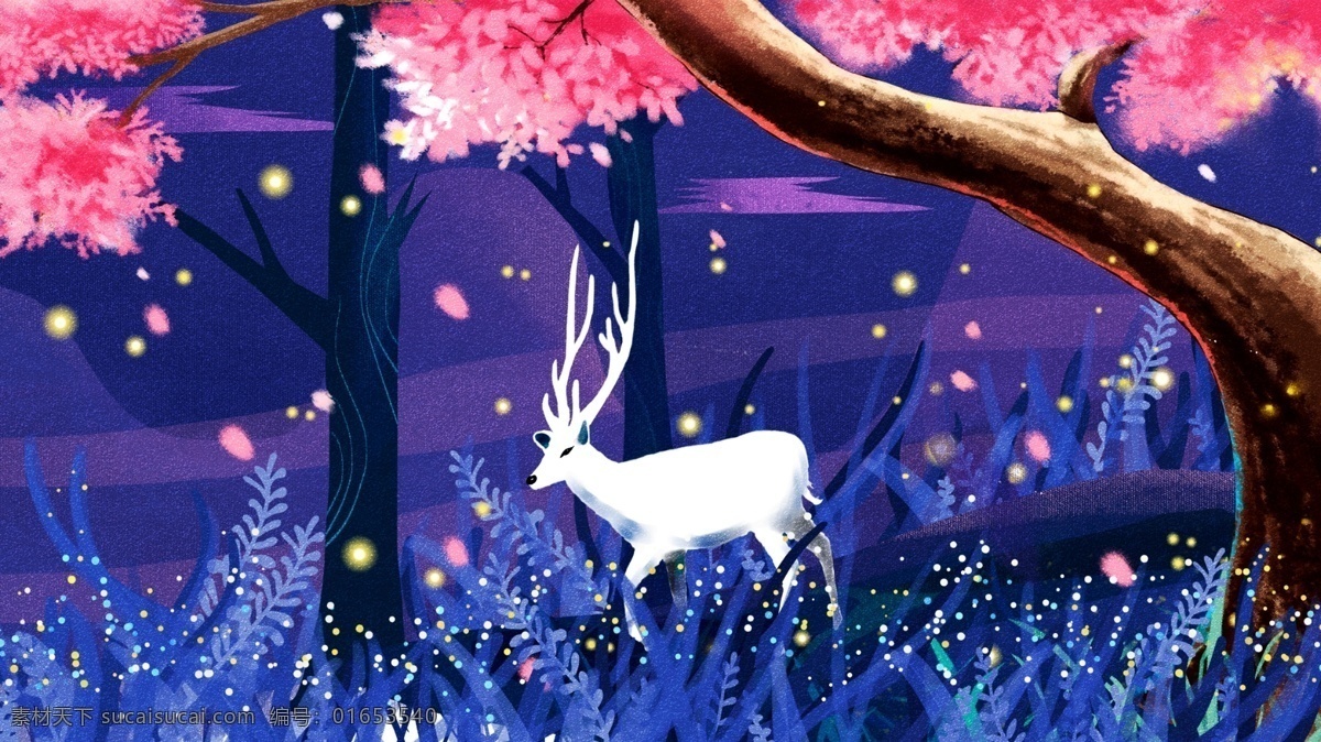 唯美 梦幻 创意 手绘 治愈 系 森林 鹿 插画 治愈系 森林与鹿