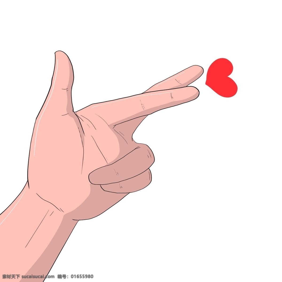 手绘 左手 心 手势 插画 长长的手指 红色的爱心 表白的红心 卡通插画 手绘手势插画 创意比心插画