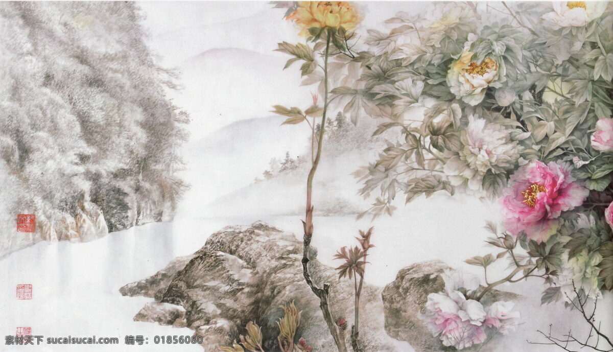 江山如此多娇 工笔画 线描 国画 中国画 植物 树木 大师作品 风景画 工笔画花草 花 鲜花 叶子 绿叶 山峰 山 云 雾 当代 中国 工笔 走兽 花鸟画 绘画书法 文化艺术