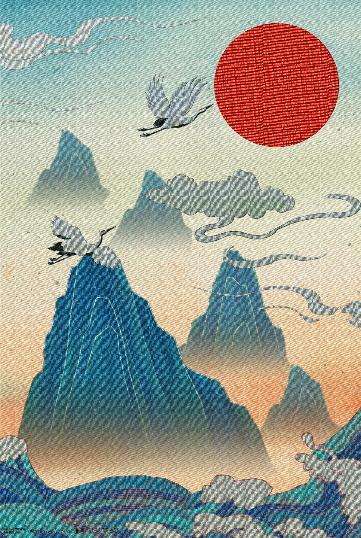山水 复古 刺绣 效果 背景 海报 素材图片 古风背景