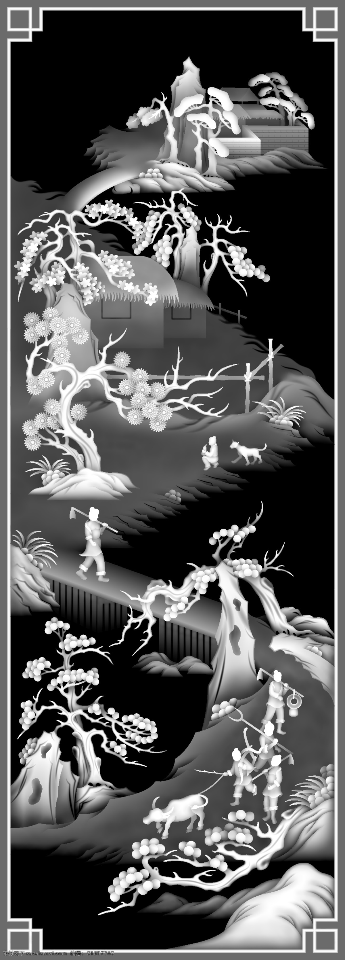 耕 灰度图 山水 人物 家具雕花 浮雕灰度图 浮雕 雕刻 浮雕用灰度图 设计图库 bmp 传统文化 文化艺术 实木浮雕