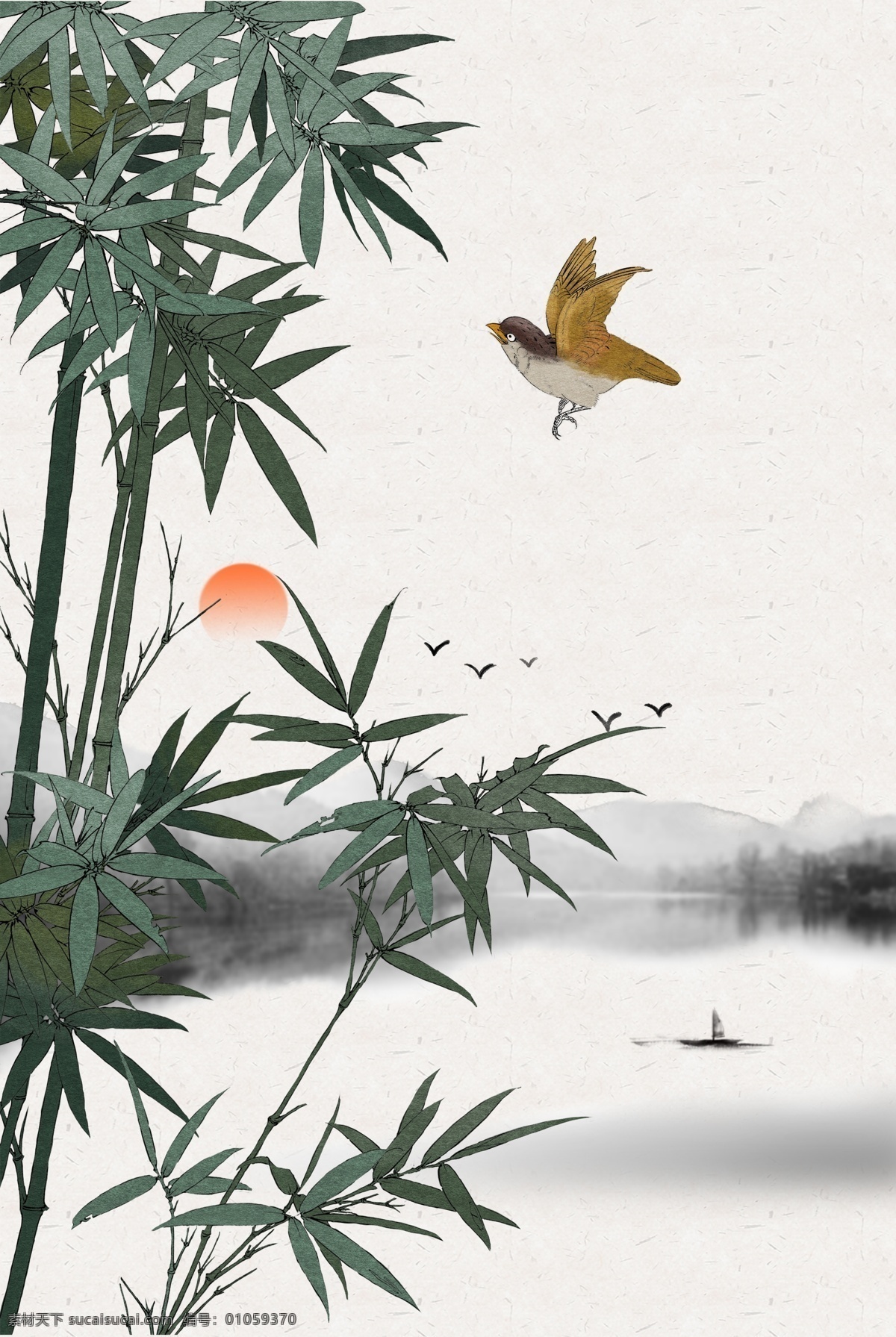 中国 古典 风 工笔画 背景 图 树叶 鸟 太阳 船 烟波浩渺 psd分层