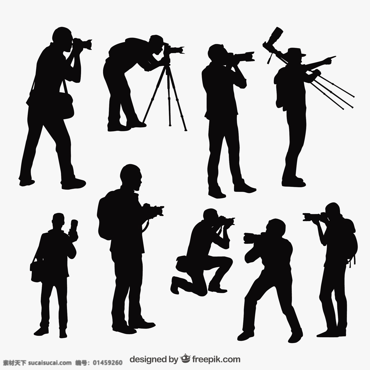 摄影师 轮廓 不同 位置 人 相机 技术 照片 数字 黑色 创意 人的剪影 工作室 专业 配件 图像 白色
