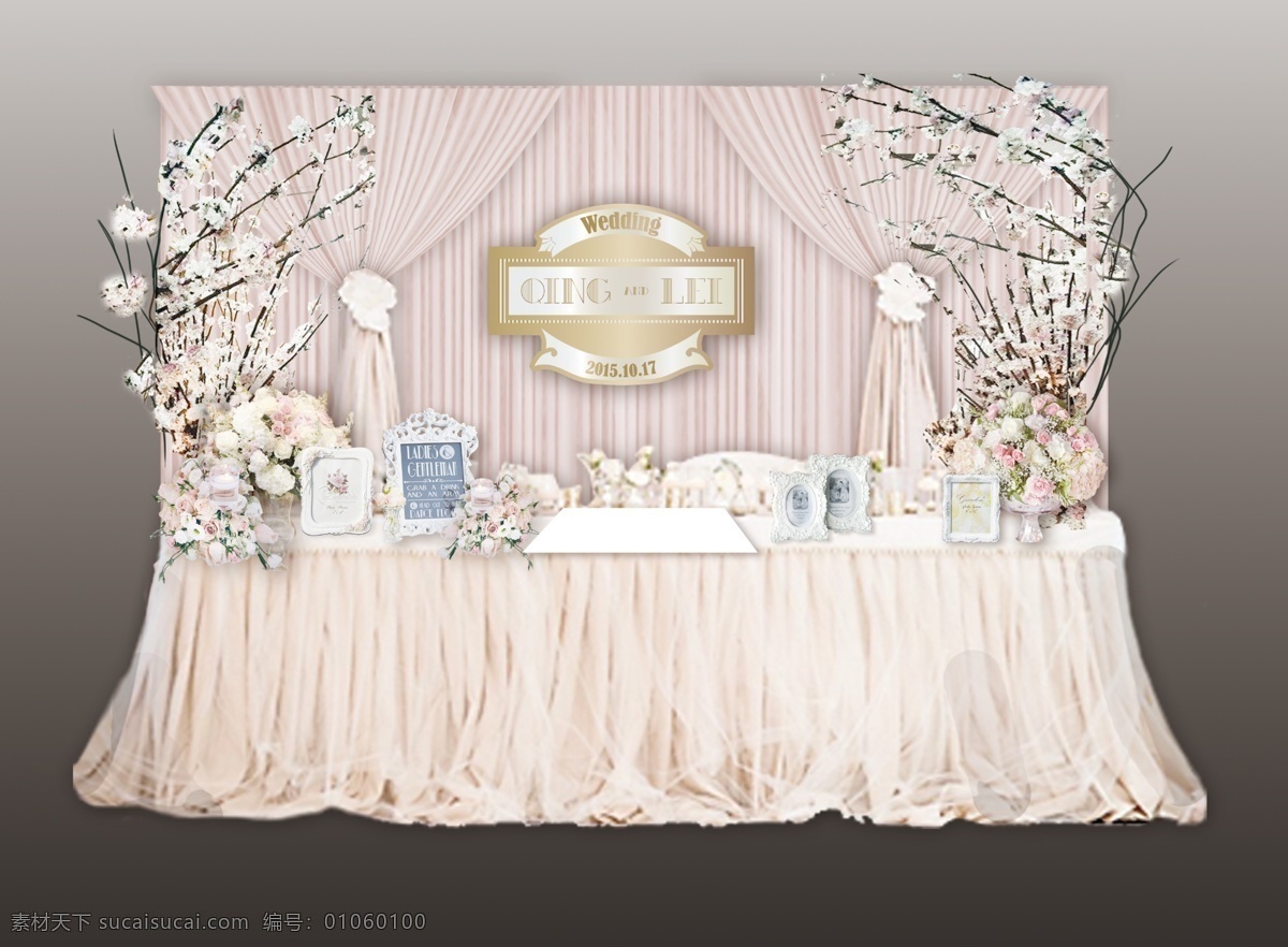 粉色 婚礼 签到 台 背景 樱花 签到台 相框 效果图