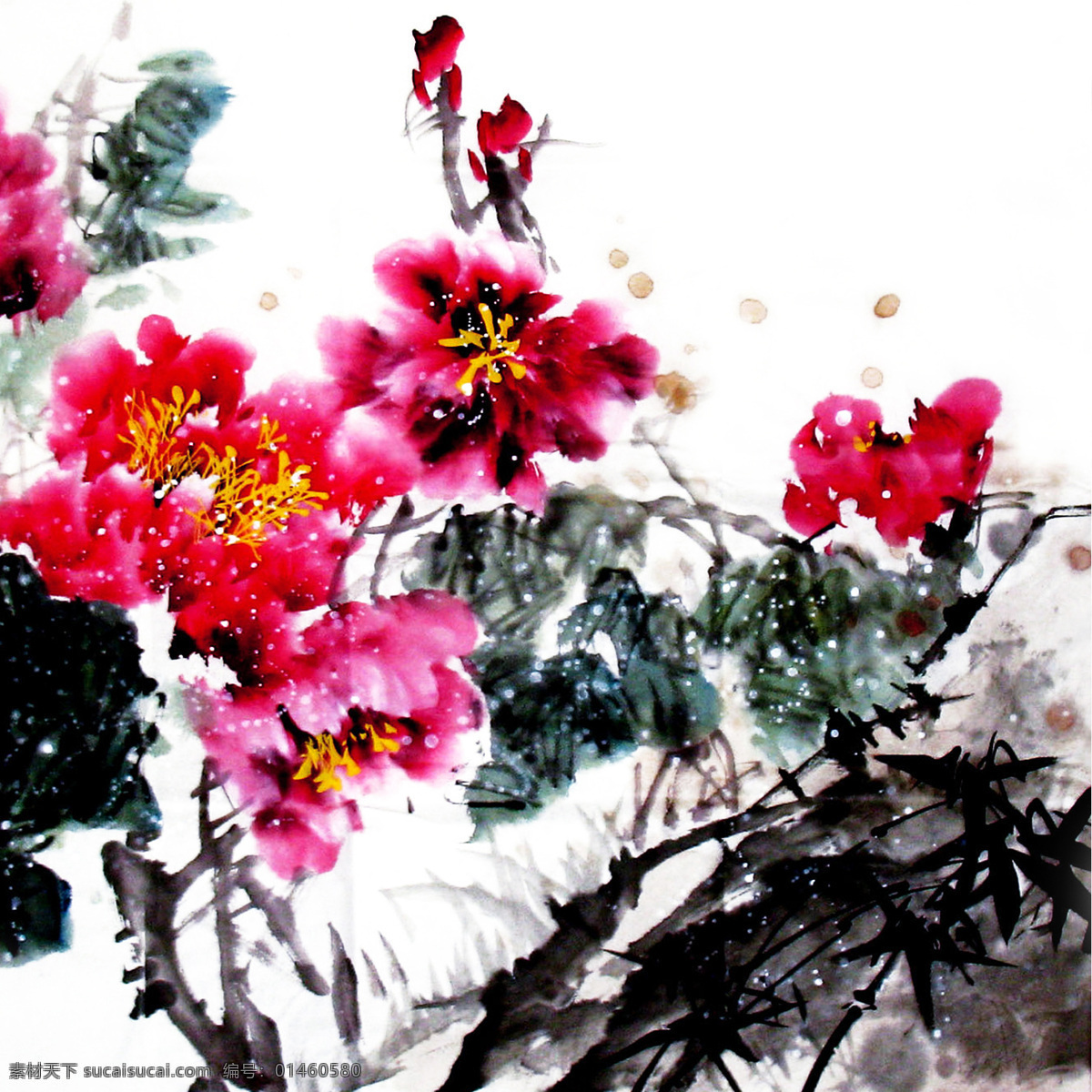 中国 风水 彩墨 山茶花 装饰画 中国风 水彩墨 雪景