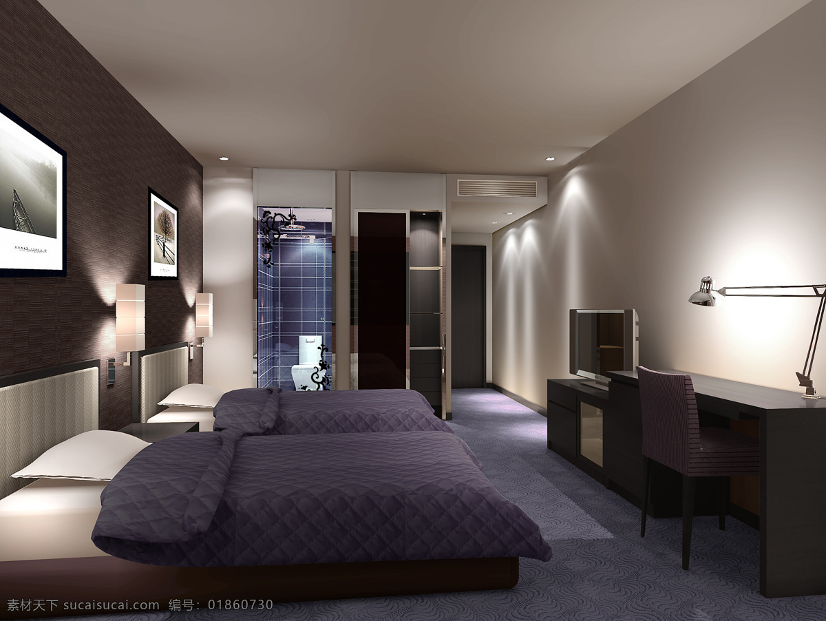 欧 非斯 现代 简约 客房 效果图 环境设计 酒店 蓝色系 室内设计 标准房 装饰素材