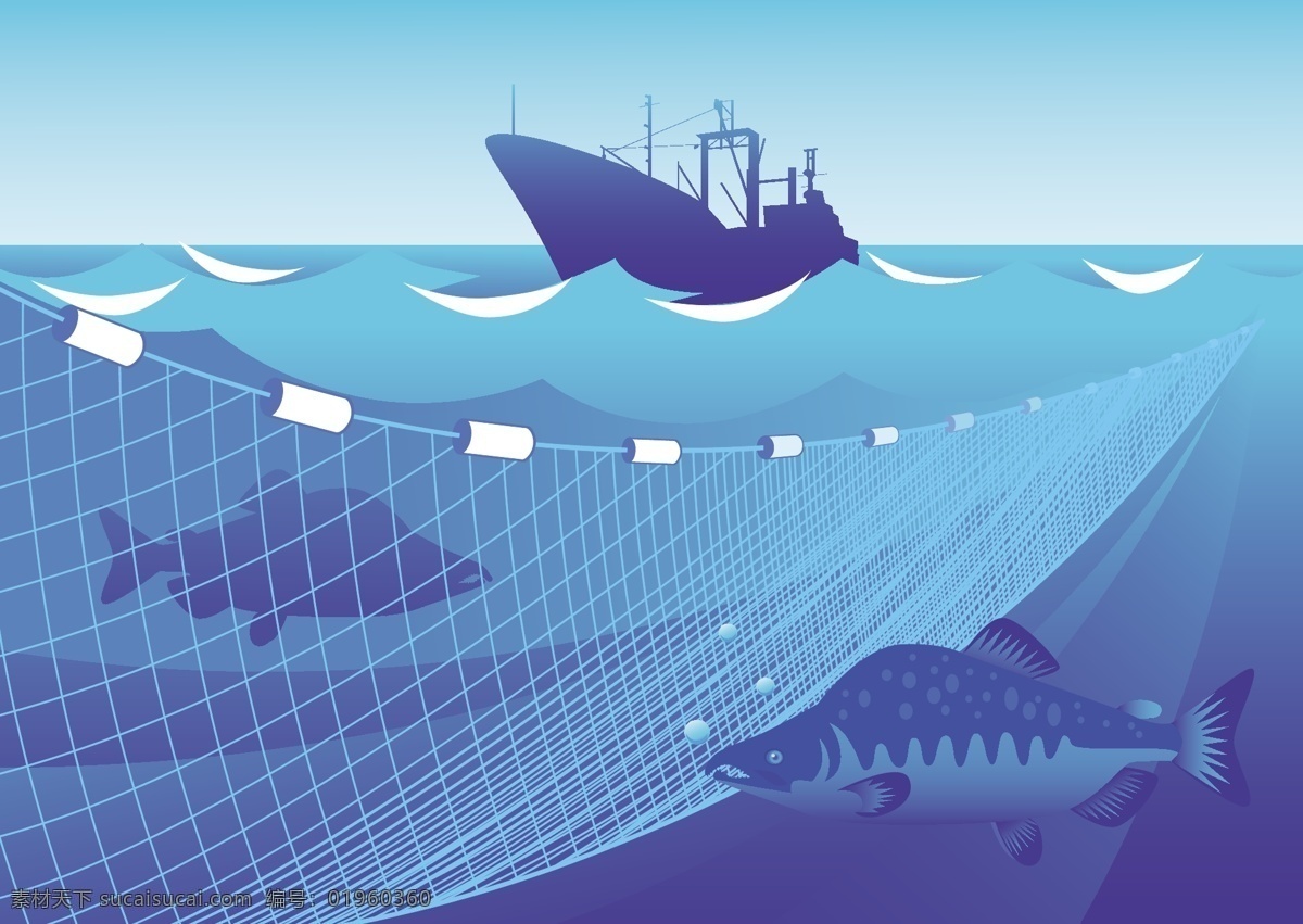 海底 鱼类 插画 蓝天 行驶 油轮 捕鱼网 环境