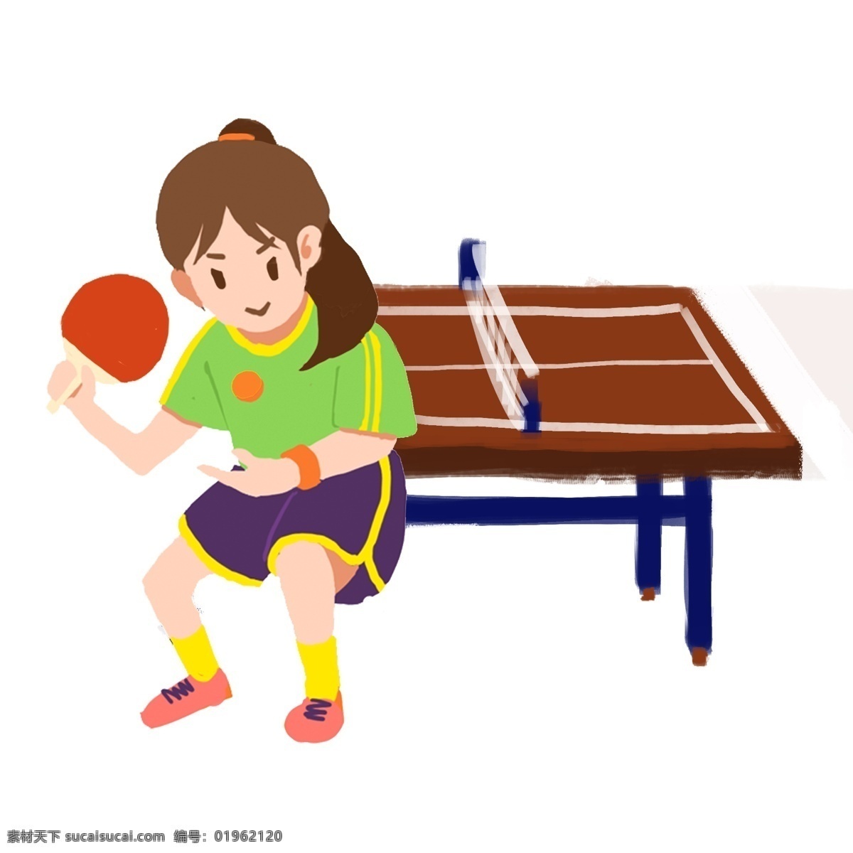卡通 手绘 扁平 活力 马尾 运动 女孩 乒乓球 发球 乒乓球桌 卡通扁平 卡通女孩 卡通运动 乒乓球卡通 乒乓球桌卡通 扁平卡通