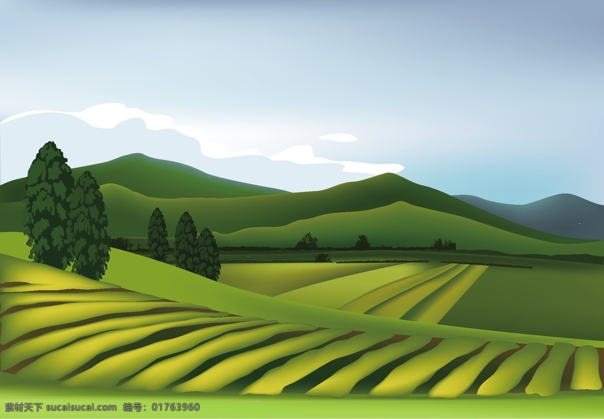 乡村农田山峰 农场 农田 树 绿色