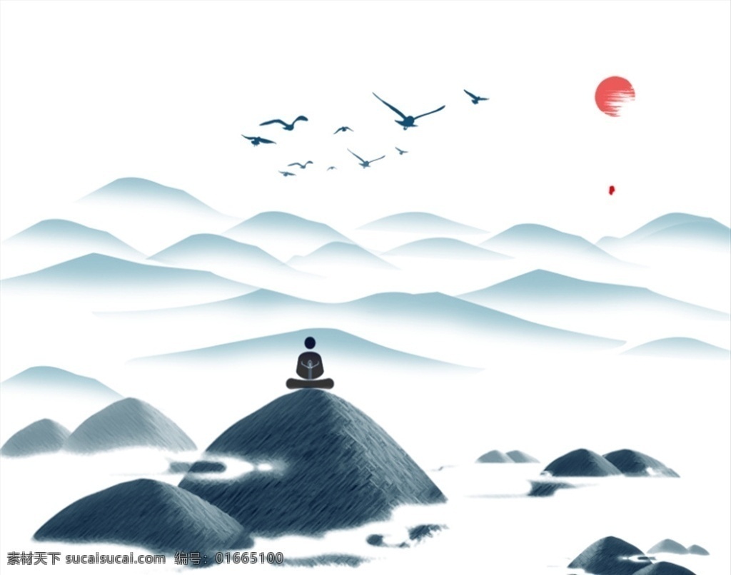 古风插画 中国风 卡通手绘 大雁飞 健康养生 禅坐 古风山水画 古画山水